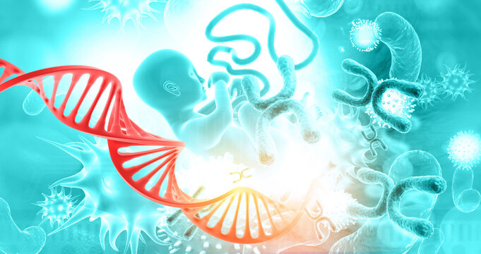 Artistic 3D illustration of a human fetus floating beside a glowing DNA double helix strand.