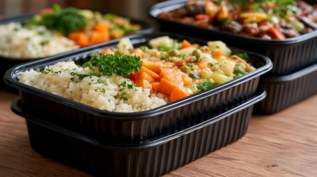 An intricate stack of fresh food items including rice and vegetables arranged in organized meal boxes