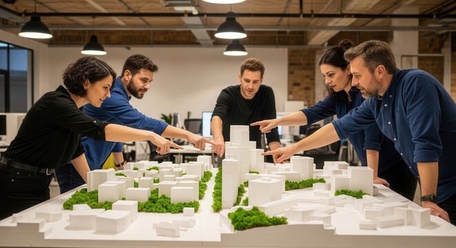 Group of Architects and Designers Collaborating on Building Model in Modern Office Setting