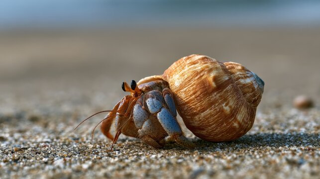 Hermit crab with a large shell crawls on a sandy beach near the ocean