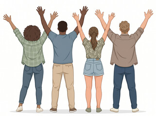 Obraz premium diverse group of friends celebrating success with raised arms isolated on a clean white background 