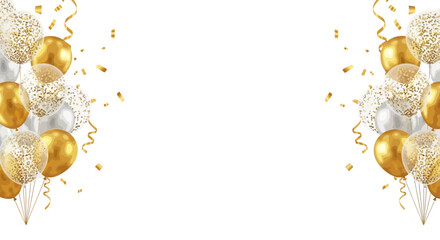 Luxury gold and silver balloons background, festive celebration border with confetti and streamers, elegant party vector illustration for anniversary © FATEMA
