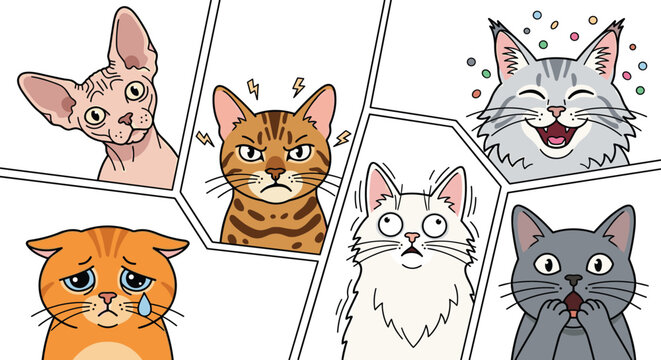 Funny Comic Strip Style Cat Meme Vector Illustration Featuring Sphynx Bengal Tabby and Persian Breeds with Sad Angry and Shocked Expressions