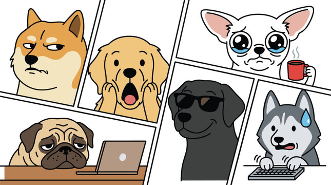 Funny Comic Strip Style Dog Meme Vector Illustration Featuring Corgi Golden Retriever Pug Chihuahua Labrador and Husky in Office Work Situations