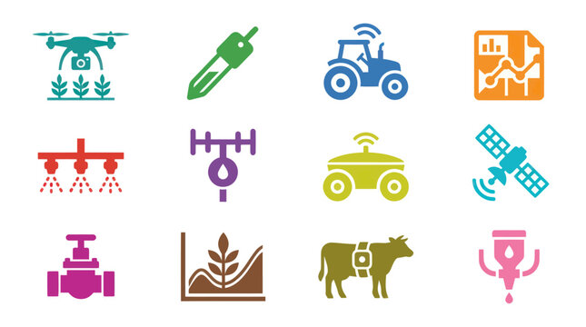 Smart Farming Icons: Drone, Tractor, Cow, Satellite, Sprinkler, Soil Test