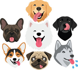 Fototapeta premium Happy Dog Faces Collection with Tongue Out Expressions and Cute Puppy Portraits for Pet Stickers, Veterinary Designs, and Animal Projects