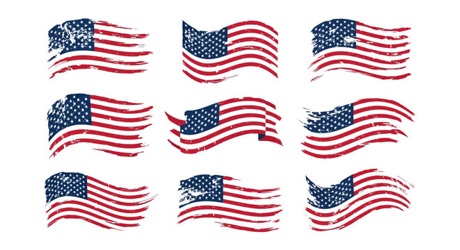 Vintage American flag set with distressed texture, 9 waving USA flags in grunge style, patriotic United States national symbols for Fourth of July