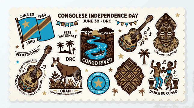 Congolese independence day sticker sheet with cultural symbols