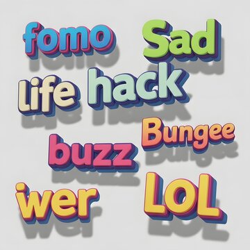 Colorful 3D typography with modern slang words and internet acronyms like LOL and fomo on light background