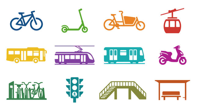 Flat icons of diverse urban transportation and infrastructure for city mobility