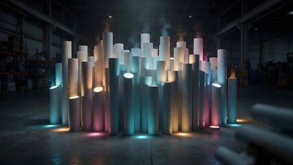 Naklejka premium Modern LED Column Light Installation in Industrial Warehouse Setting
