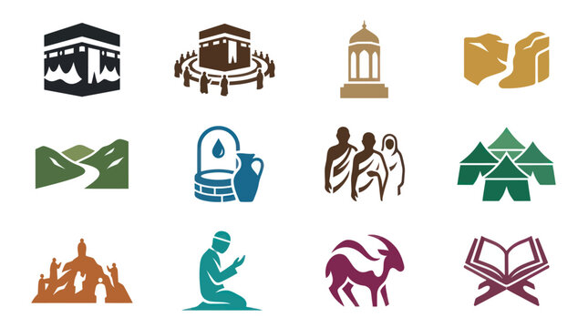 Islamic Hajj Pilgrimage Flat Icon Set. Kaaba, Mecca, Zamzam, Quran, Minaret, Mountain, Tent, Prayer Vector.
