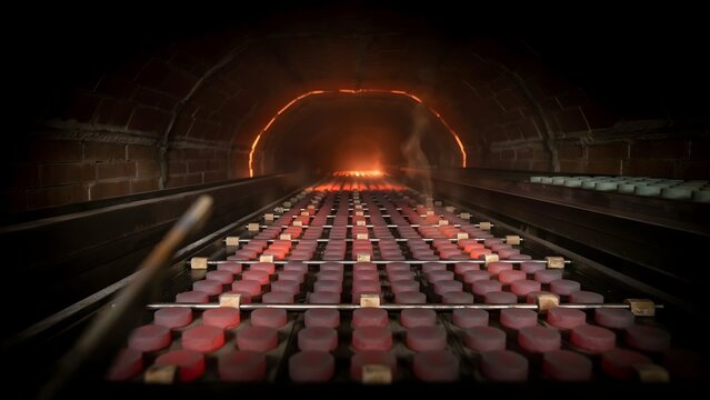 Fire brick oven tunnel with glowing heat and fire for baking or industrial use