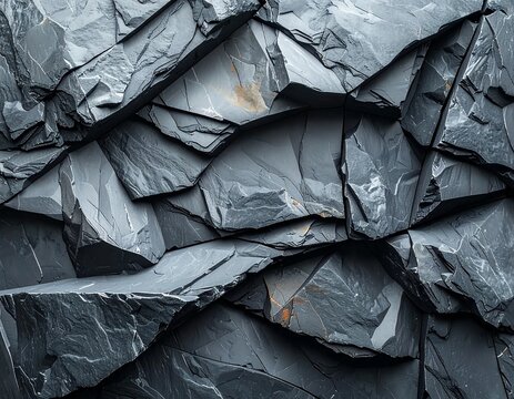 Close-up of layered dark gray slate rock texture background.