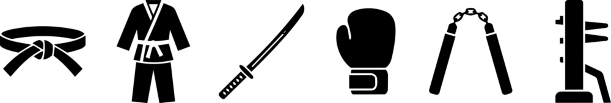 Martial arts equipment solid icon set for sports