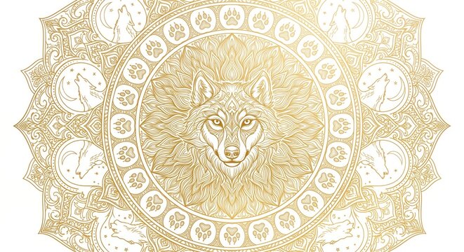 Golden wolf mandala illustration on white background