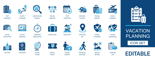 Vacation planning solid icon set. Featuring trip itinerary, route planning, travel budget, flight booking, hotel selection, destination map, and luggage checklist symbols. © Smart Icon Lab