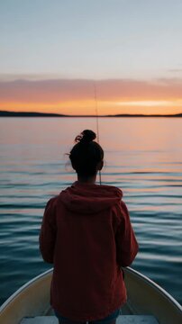 Person holding fishing rod in boat facing sunset on lake