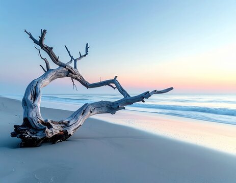 Driftwood tree on a sandy beach at sunrise with ocean waves.