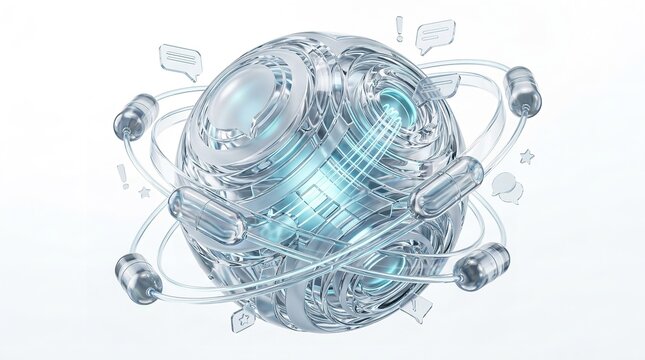 Abstract glass sphere structure featuring glowing internal lights and orbiting communication icons rendered in a clean modern style for high tech digital media design projects