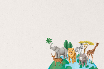 Fototapeta premium Wild animals border background, off-white textured design