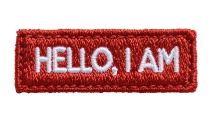 Rectangular red embroidered patch with white HELLO I AM text, isolated on transparent background © Maria