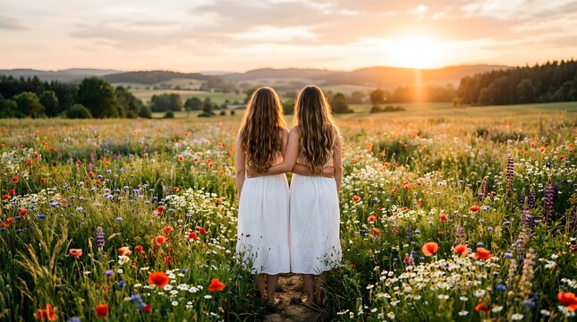 Celebrating international friendship day two girls embracing in a colorful wildflower field at sunset