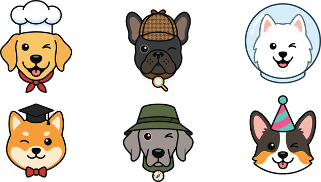 Cute Dog Character Faces with Different Costumes and Occupations for Stickers, Kids Designs, Party Themes, and Pet Illustrations