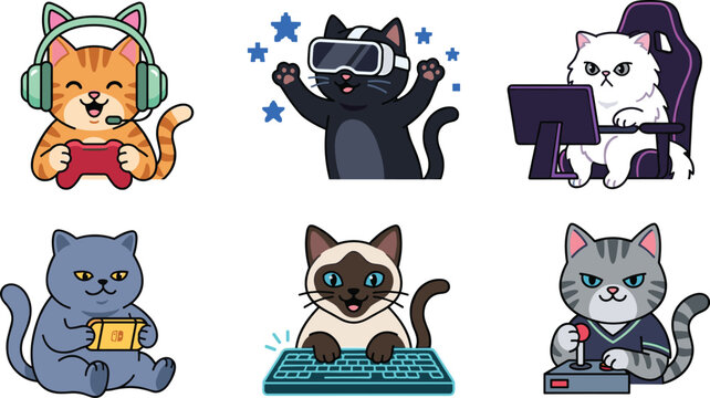 Cute Gaming Cats Cartoon Character Collection with Video Games, VR Headsets, Streaming, and Esports Activities for Stickers and Digital Designs