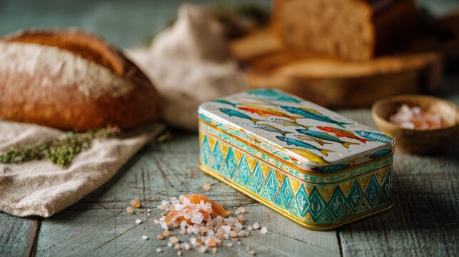 Sardine tin on wooden table with sea salt and crusty bread. Still life composition showing canned fish packaging for gourmet food product. Culinary background for seafood marketing.