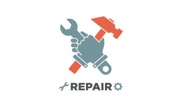 Hand holding crossed hammer and spanner wrench as home repair and building construction maintenance service logo.
