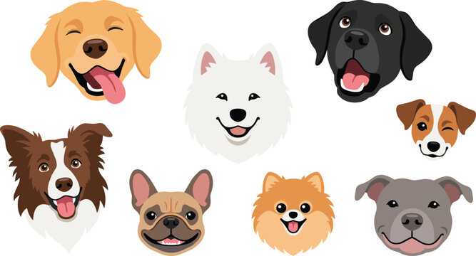 Cute Dog Breed Avatar Collection Featuring Golden Retriever Samoyed Black Labrador Border Collie French Bulldog Pomeranian Pitbull and Jack Russell Terrier Vector