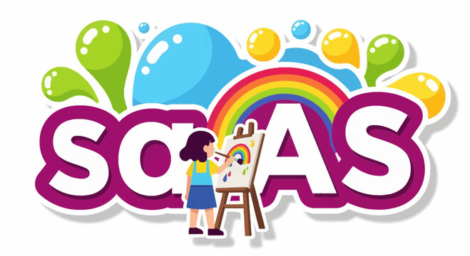 Little girl painting a rainbow on an easel with SAAS text background