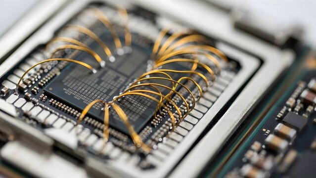 Close-up of a computer motherboard with a central processing unit and wiring