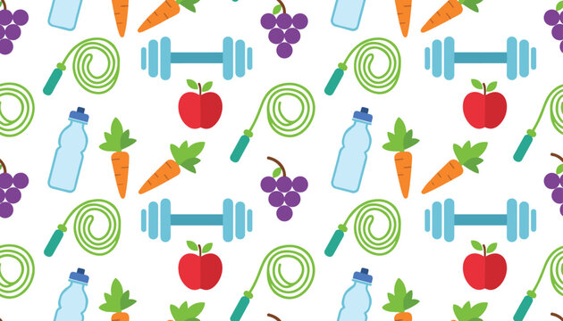 Vibrant and colorful seamless pattern showcasing fitness gear, healthy foods, and exercise equipment on a white background.