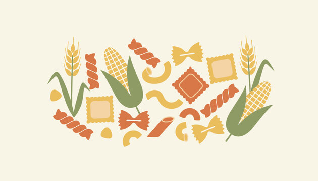 Variety of dry pasta shapes like ravioli and penne arranged alongside ripe ears of yellow corn in a vector graphic.