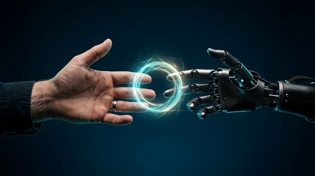 Futuristic robot hand and human hand reaching together, glowing digital energy ring connection, artificial intelligence and humanity concept