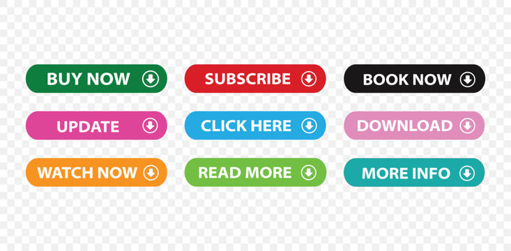 Modern Web Button Vector Set Trendy colors with Download Buy Now and Call to Action UI Elements
Watch now, buy now, learn more, download colorful button set