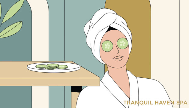 Beautiful woman wearing a white robe and hair towel relaxing with fresh cucumber slices on her eyes at a luxury spa.
