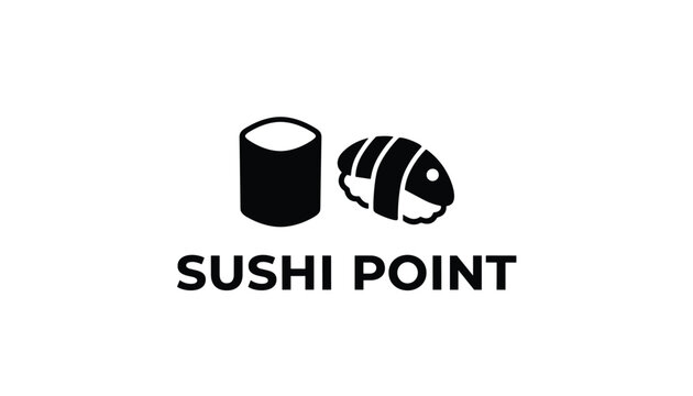Minimalist black and white sushi restaurant logo featuring icons of maki roll and nigiri above Sushi Point text.