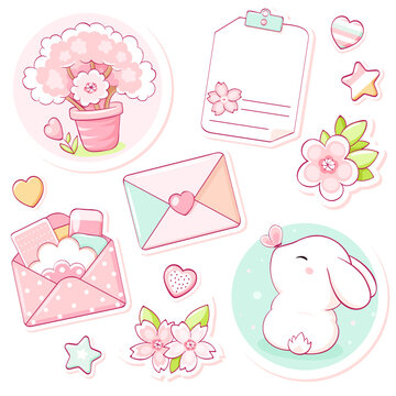 Spring set with cute stickers with sakura flowers, bunny, envelope, heart in kawaii style. Hanami season collection. Can be used for t-shirt print, poster, badge, tag, sticker, card. Vector EPS8