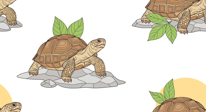 Seamless pattern featuring illustrated tortoises on rocks with green leaves on their shells, set against a white background.