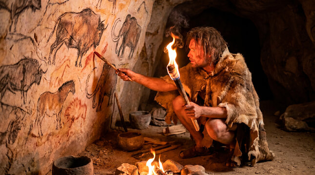 Prehistoric man creating cave paintings with a torch and primitive tools