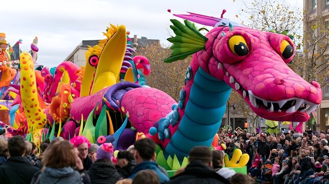 A joyous parade features brightly decorated floats surrounded by enthusiastic crowds cheering in a vibrant public setting