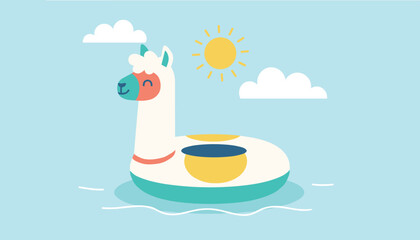 Fototapeta premium Adorable cartoon inflatable alpaca llama pool float floating on calm blue water under a bright sun and clouds.