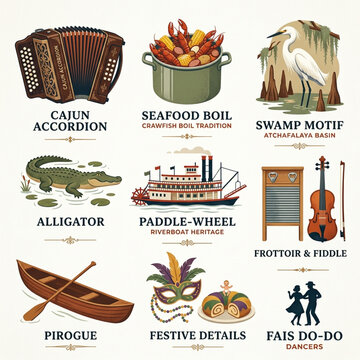 Vintage Illustration Collection of Music, Food, Travel, and Cultural Symbols.