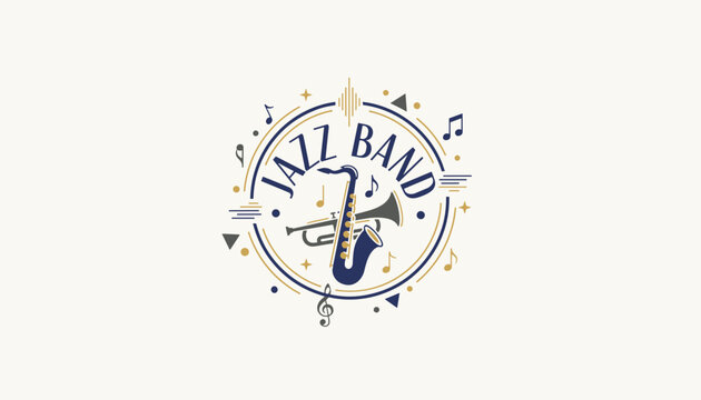 Retro style circular logo design for a jazz band featuring a saxophone and a trumpet surrounded by musical notes and stars.