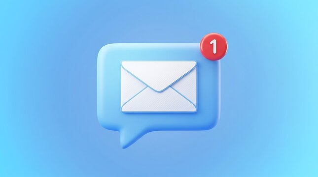 Minimalist blue 3D render of a chat bubble notification icon with an unread message envelope