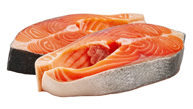 Two fresh raw salmon steaks with visible skin and flesh texture, isolated on transparent background