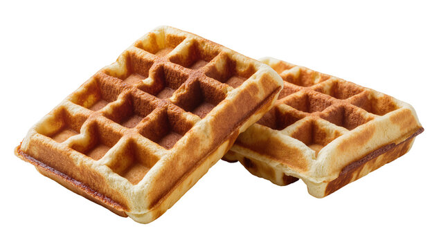 Two golden brown Belgian waffles with square grid pattern, isolated on transparent background